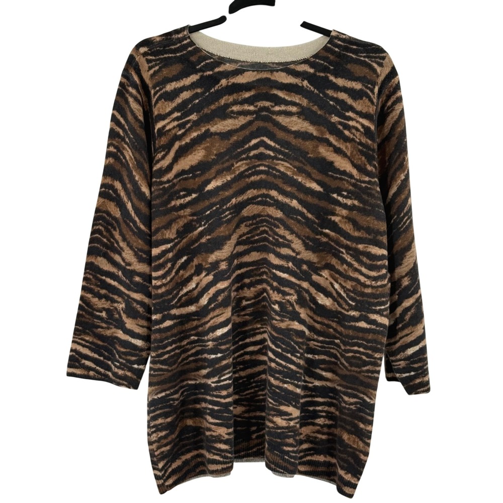 Talbots Tiger Animal Print 100% Cashmere Sweater‎ Top Long Sleeve Crew Neck